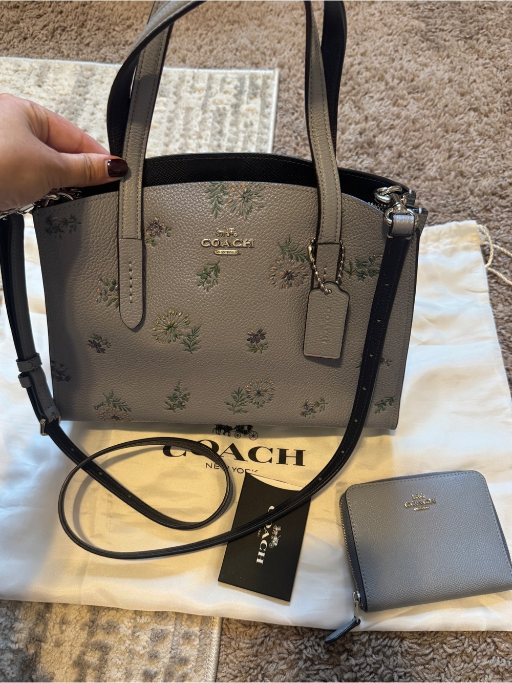COACH Charlie Carryall Meadow Prairie Print In Silver/Mist with Wallet